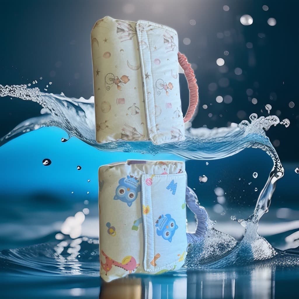 Borse per neonati con motivi di gufi e circo immerse in spruzzi d'acqua dinamici.