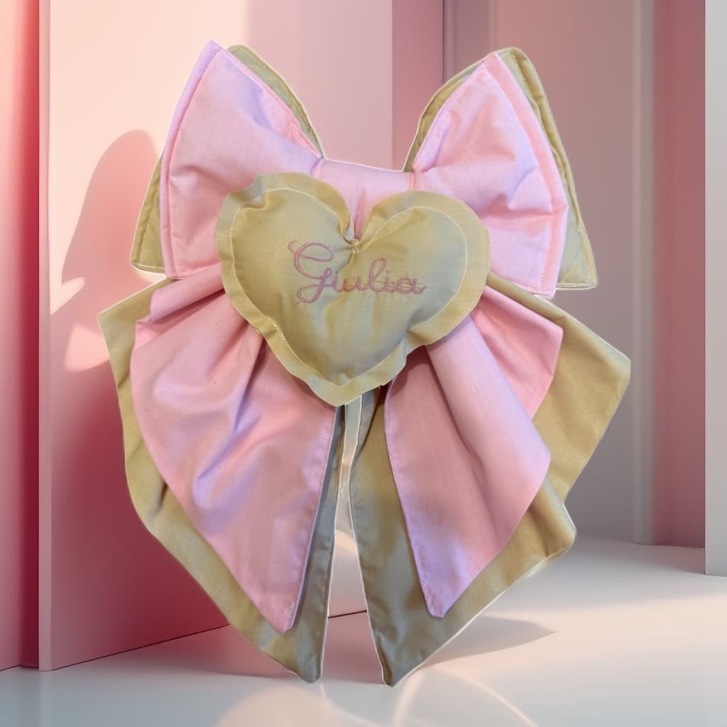 Fiocco nascita rosa e beige con un cuore centrale ricamato con il nome Giulia.